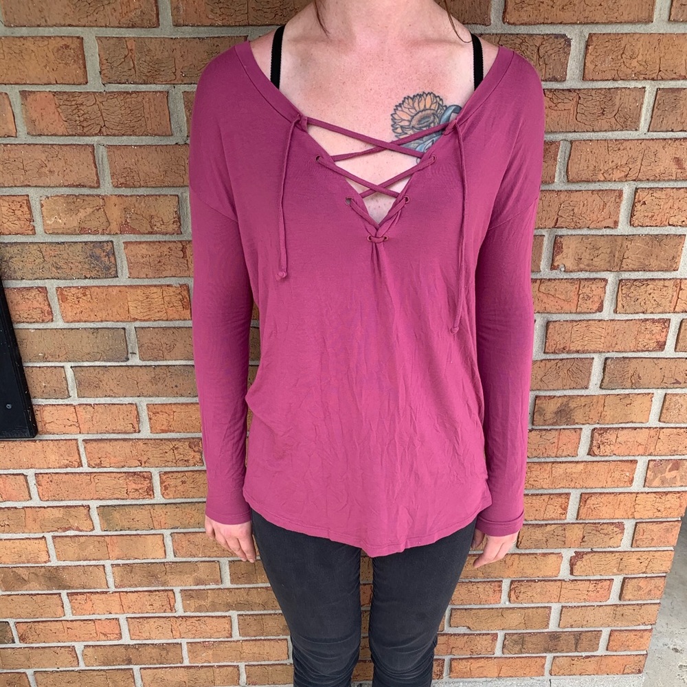 VS PINK cross neck tie long sleeve shirt
